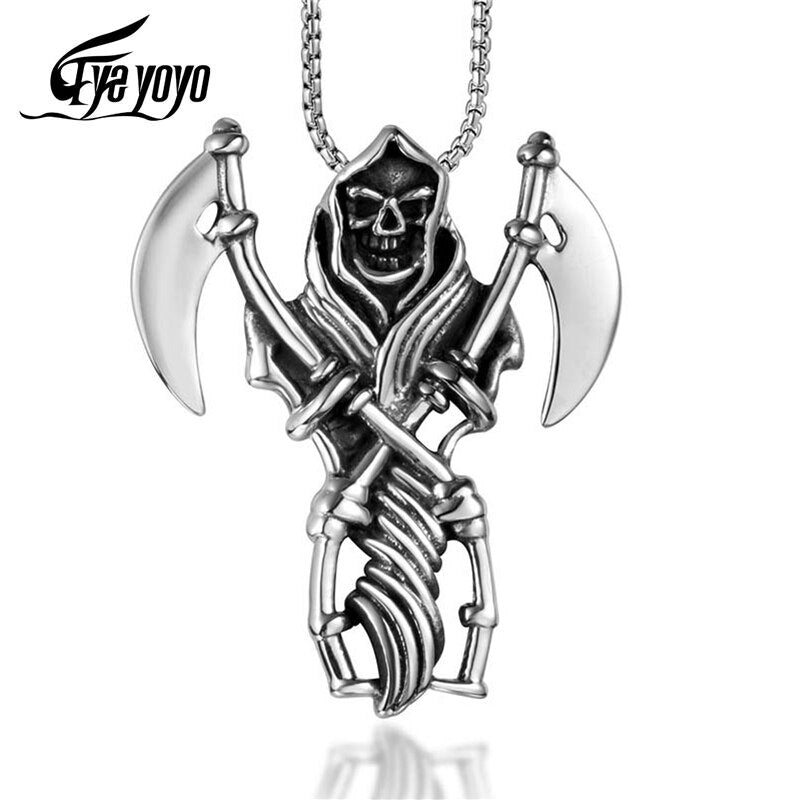 2020 New Punk Men Necklaces Skull Double Axe Pendant