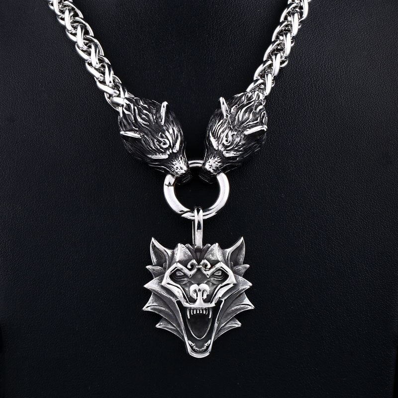 Men stainless steel necklace viking wolf head with Odin