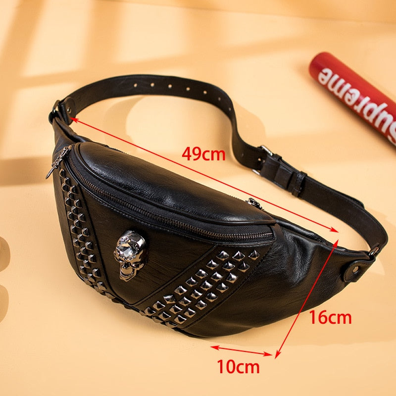 Skeleton gothic skull Punk Rivet Skull Men Waist Bag Women Black Fanny Pack Leather Chest Bags Female Shoulder Messenger Bag Bum Bags