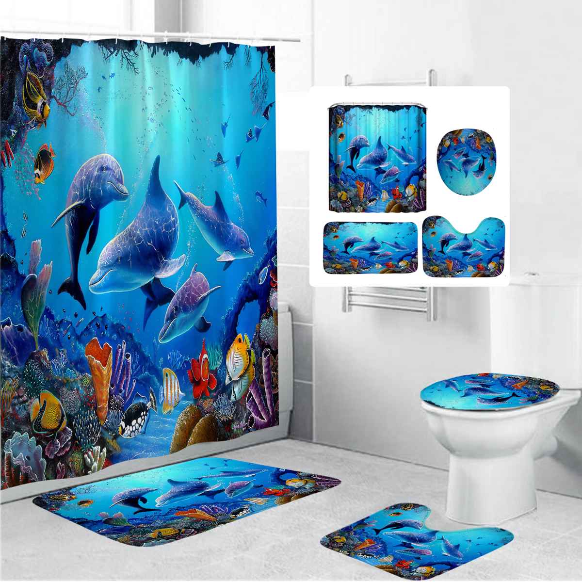 Shower Curtain Creatives Pattern Bathroom Set Bath Mat Set Pedestal Rug Lid Toilet Cover