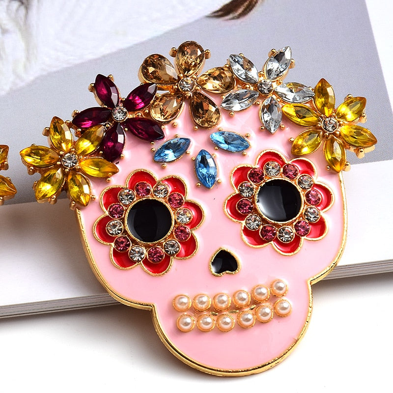 Luxury Metal Oil Colorful Crystal Skull Earrings High quality Rhinestone