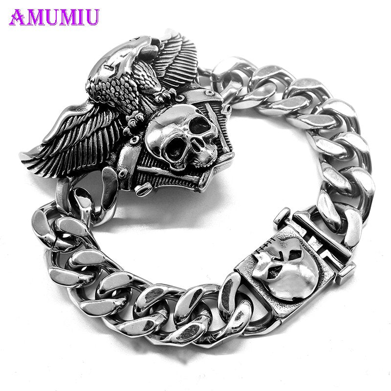 Eagle Skull Head Bracelets For Men Stainless Steel Charm Link Chain