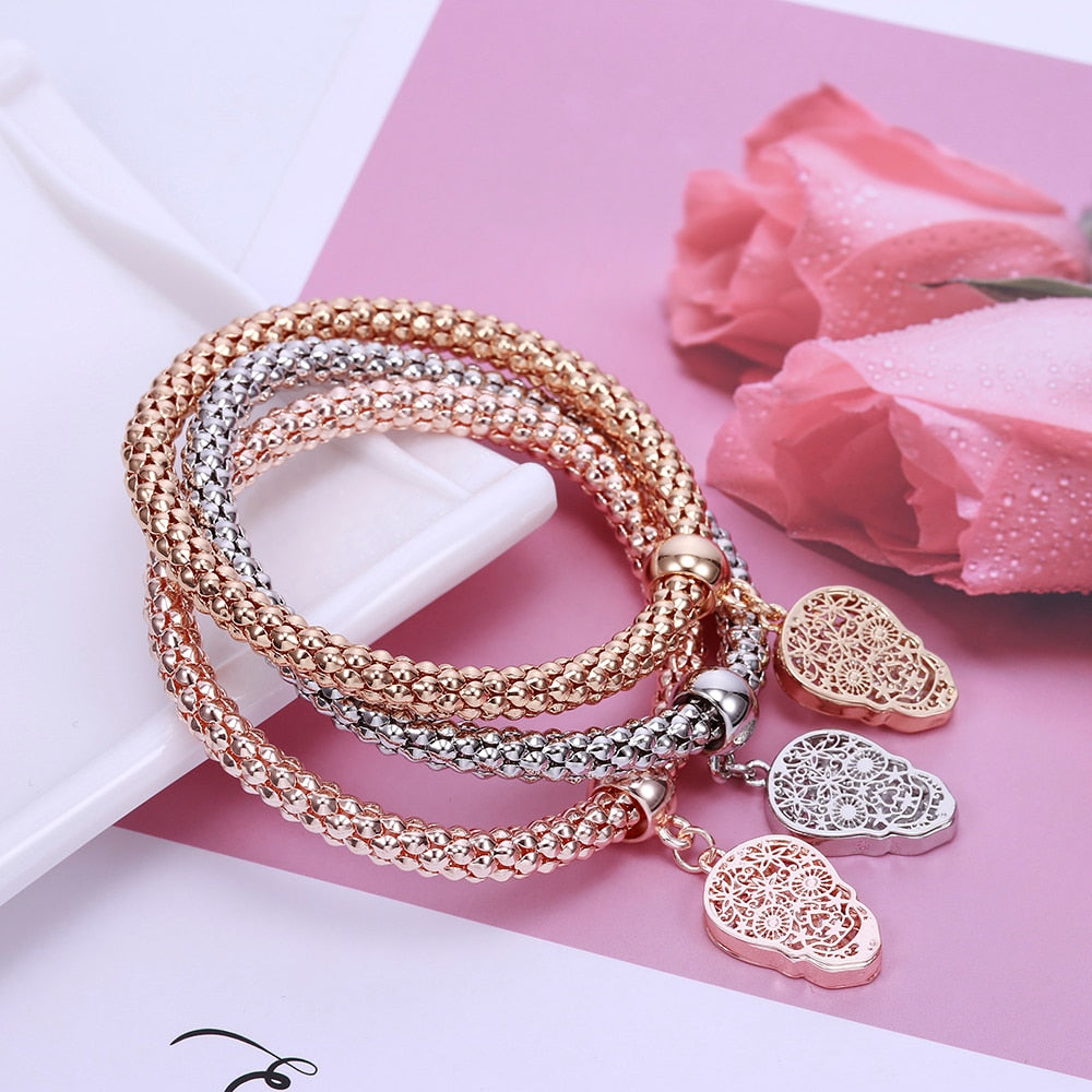 3Pcs Hollow Charms Bracelets & Bangles For Women Gold Mix Silver Color