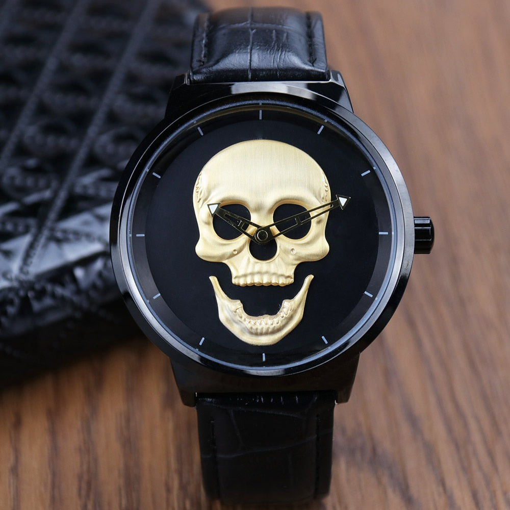 AISHY Fashion Men's Waterproof Stainless Steel Belt Skull Head Leather Copy Watch Ghost Head Male Wristwatches Reloj Hombre