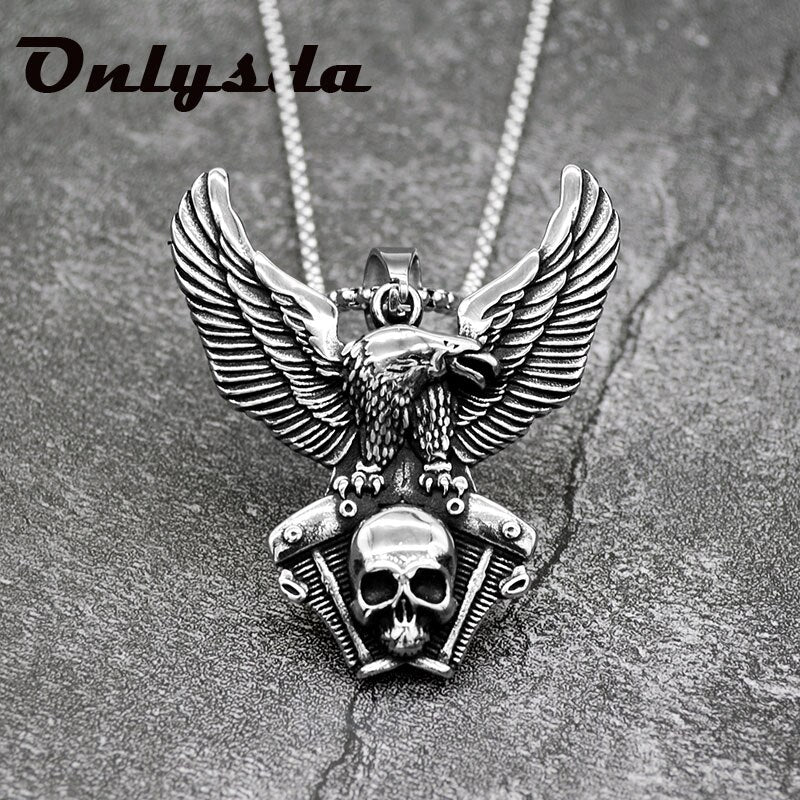 Vintage Stainless steel Skull eagle Pendant Necklace