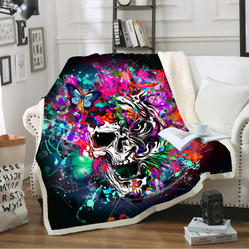 Double layer sugar skull blanket throw for sofa faux fur throw blanket