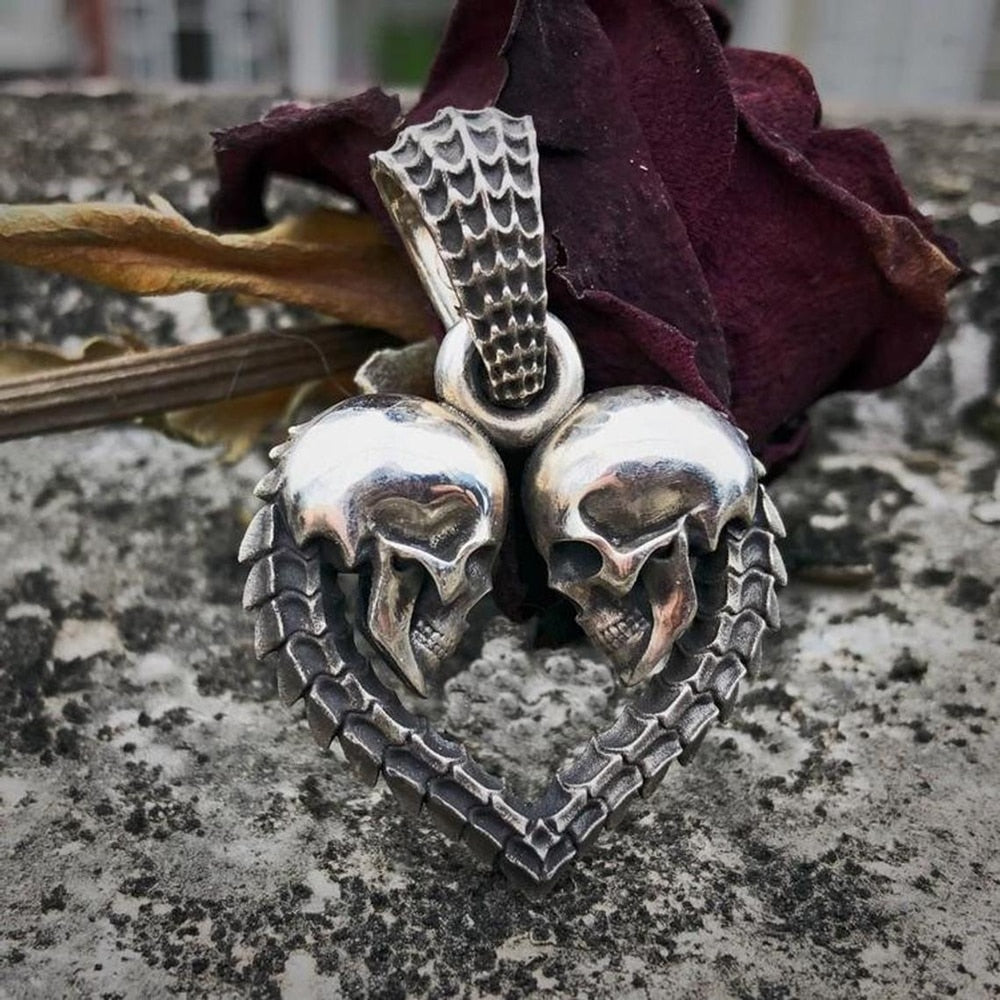 Unique Double Skull Heart Men Necklace Pendant Fashion Unisex