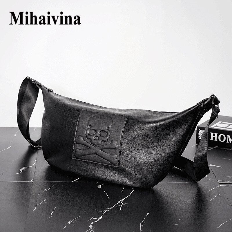Chest Bag For Men Skull Black Leather Belt Bag