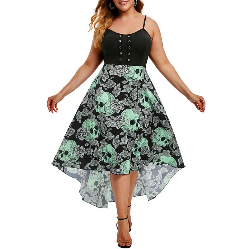 Halloween Party Dress Women Stitching High Waist Irregular Robe Spaghetti Strap