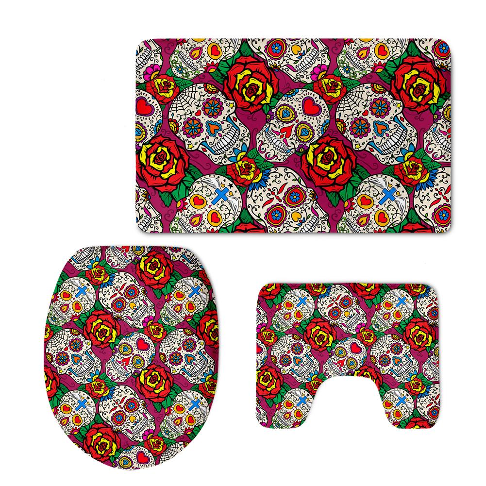 Sugar Skulls Bathroom Seat Cover Set Halloween Skull Design Toilet Carpet Cover