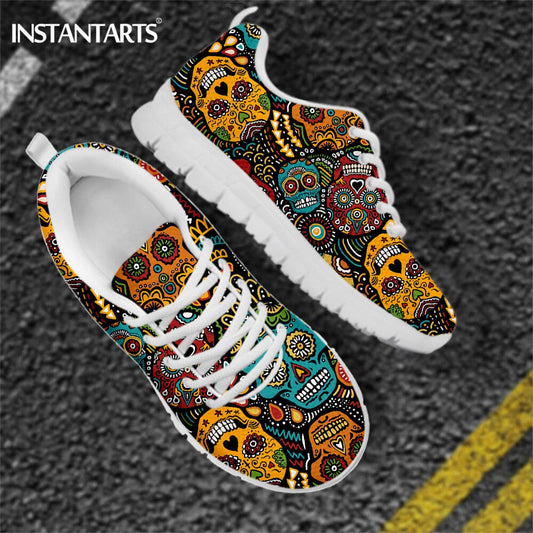 Brand Design Sugar Skull Floral Flats Sneaker Shoes for Women's Vintage