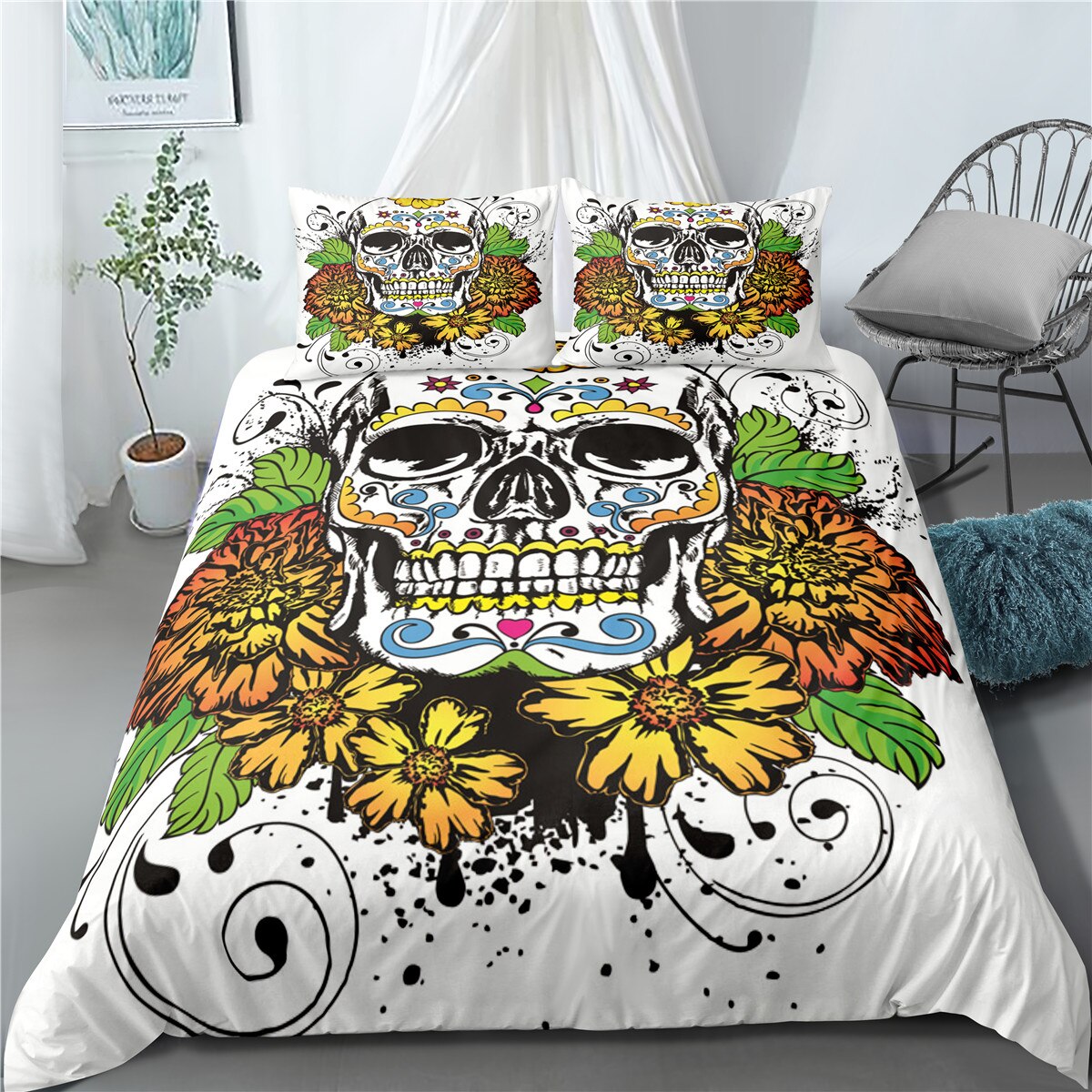 Sugar Skull Bedding Set Queen Size Flower Skull Bed Linen Double Duvet Cover
