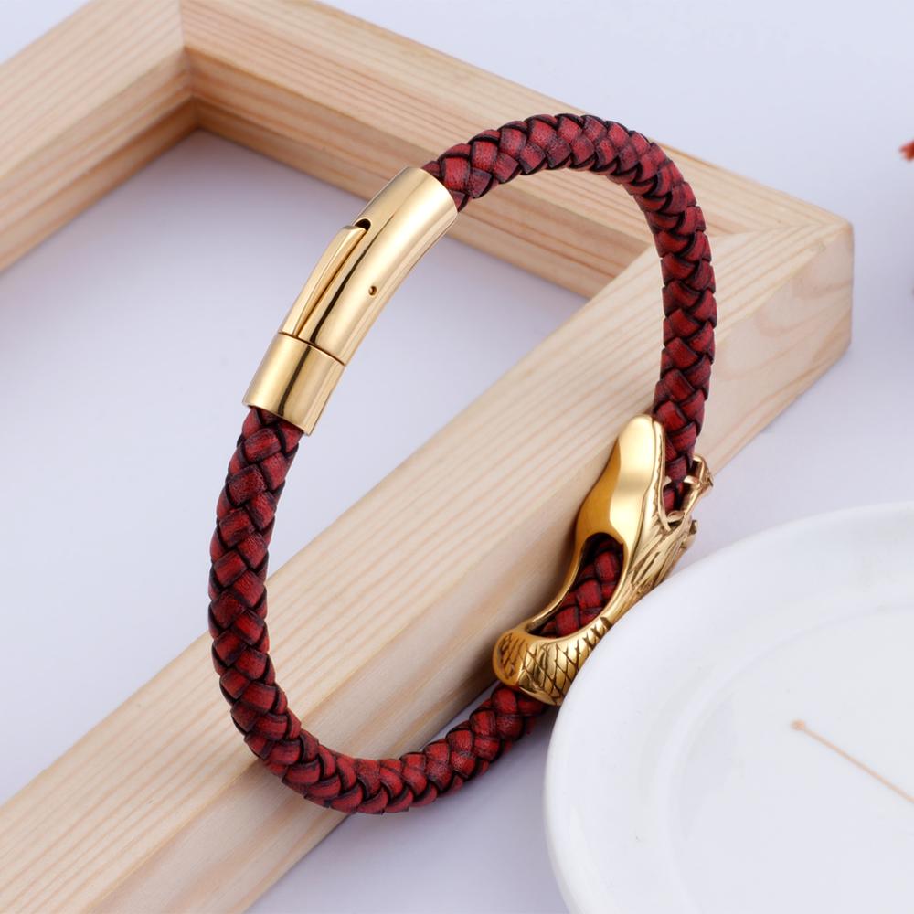 Dragon Charm Bracelets For Men 22cm Gold Stainless Steel + Red Leather Rope