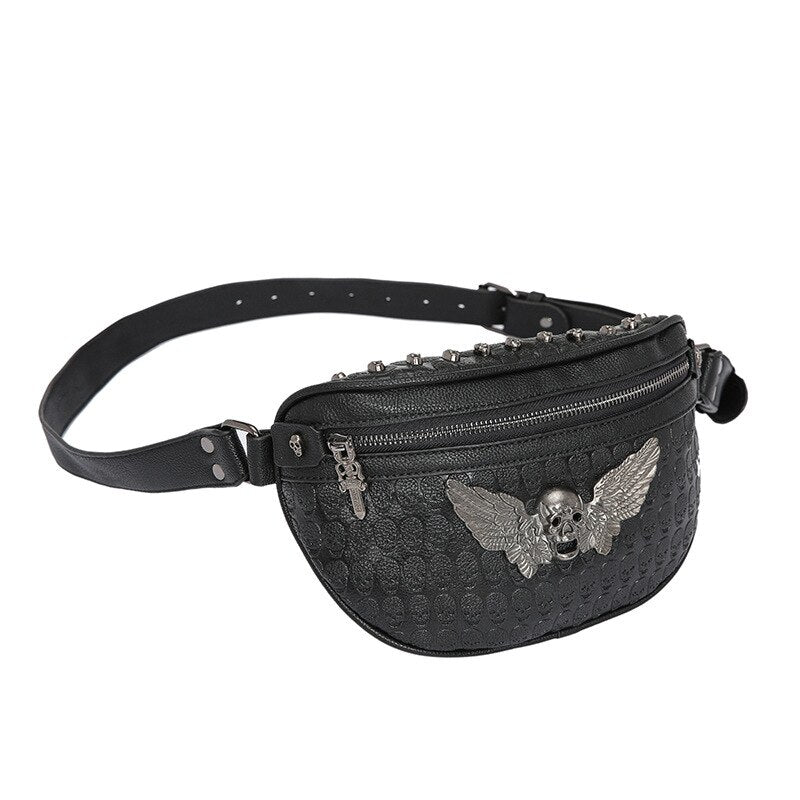 Men's Fashion Rivet Waist Bag Black PU Leather Belt bag