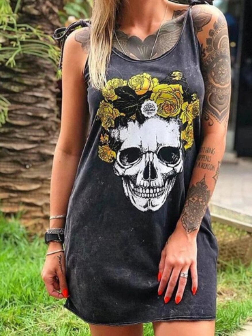 2020 Summer Dress Women Casual Punk Loose Short Sleeve Skull