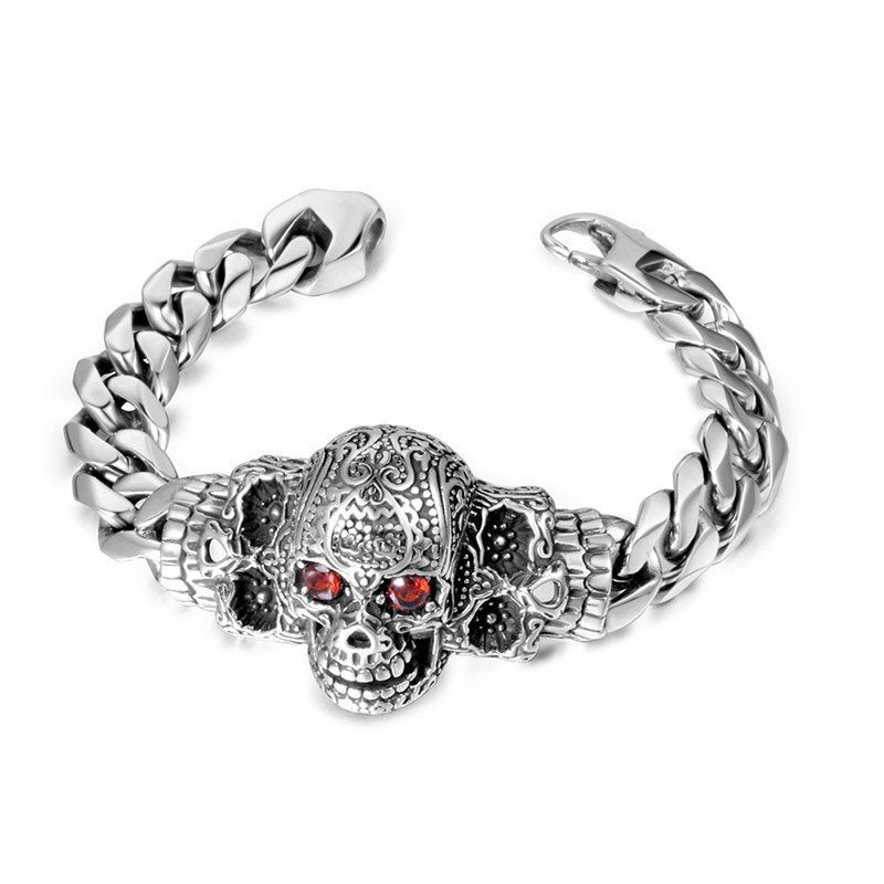 220mm Men's Titanium Steel Big Skull with Red Cubic Zirconia Bracelet