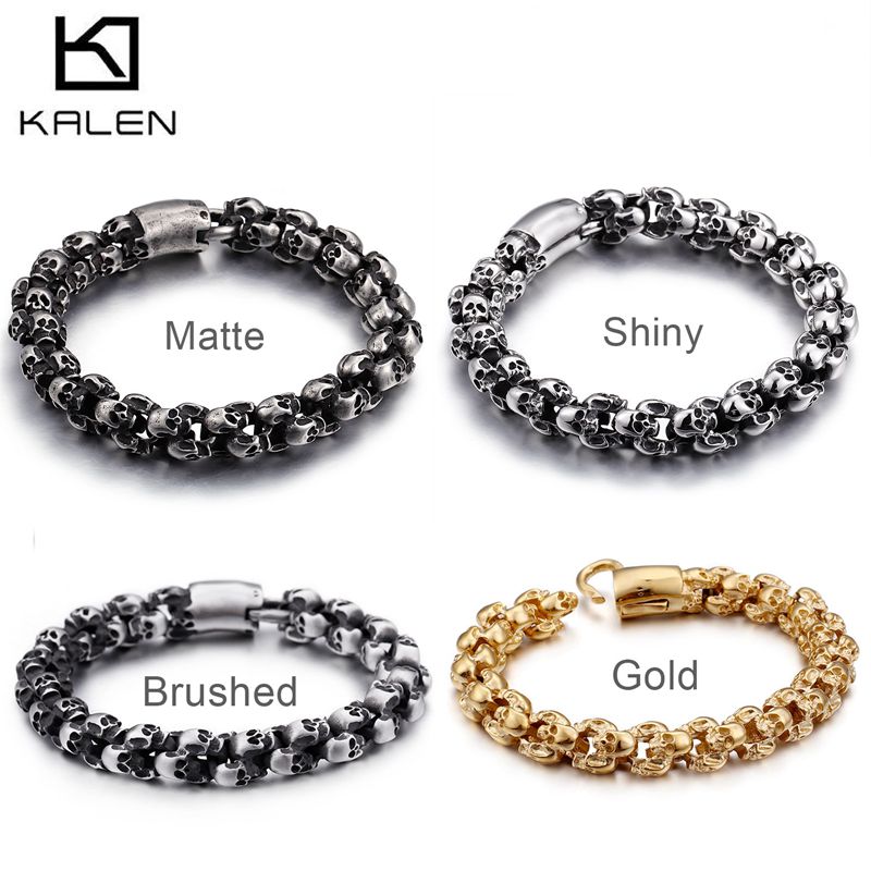 Punk Skull Bracelets Men Stainless Steel Shiny Matte Skull Charm