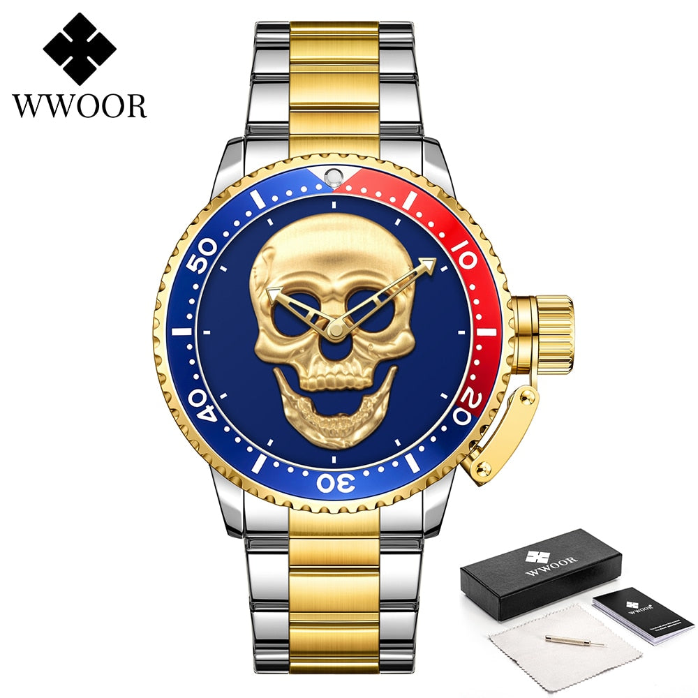 Skull skeleton Luxury Brand Gold Black Skull Men Watches with Stainless Steel Sports Waterproof Quartz Clocks Male Creative Wristwatches