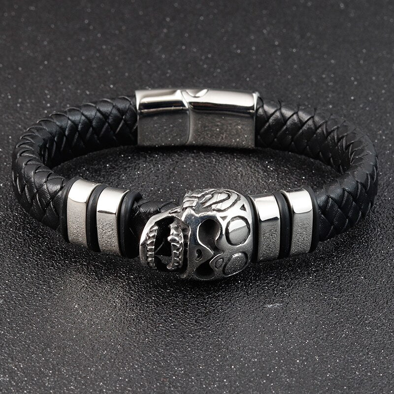 Gothic Smile Skull Leather Bracelet Men Vintage Bangles Stainless Steel