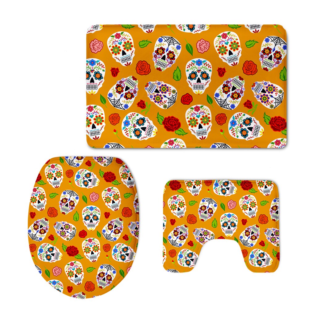 Sugar Skulls Bathroom Seat Cover Set Halloween Skull Design Toilet Carpet Cover