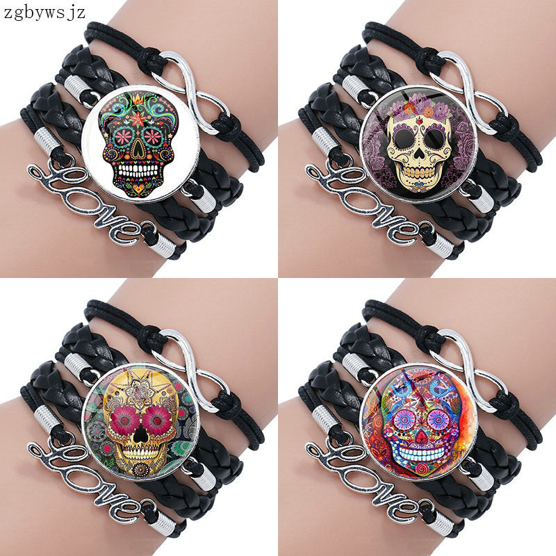 Mexico Sugar Skull Jewelry Glass Cabochon Black Leather Bracelet