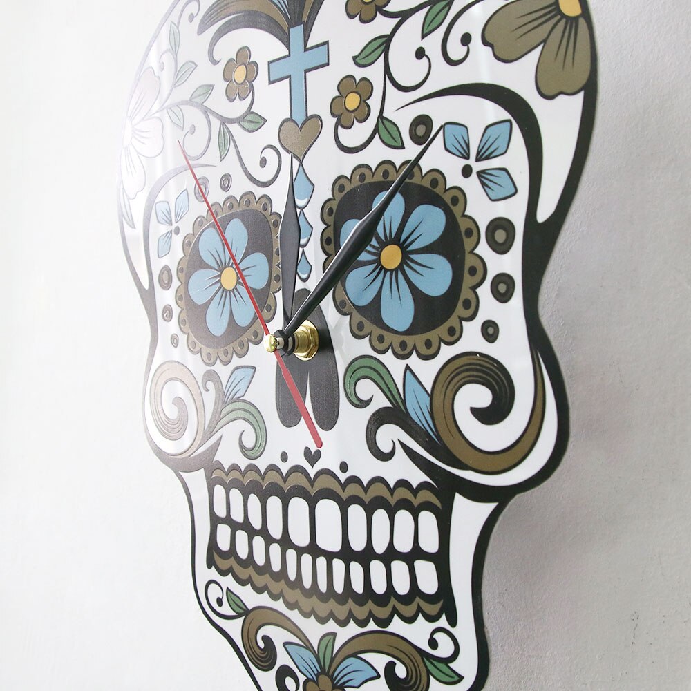 Mexican Day of the Dead Floral Sugar Skull Pendulum Wall Clock