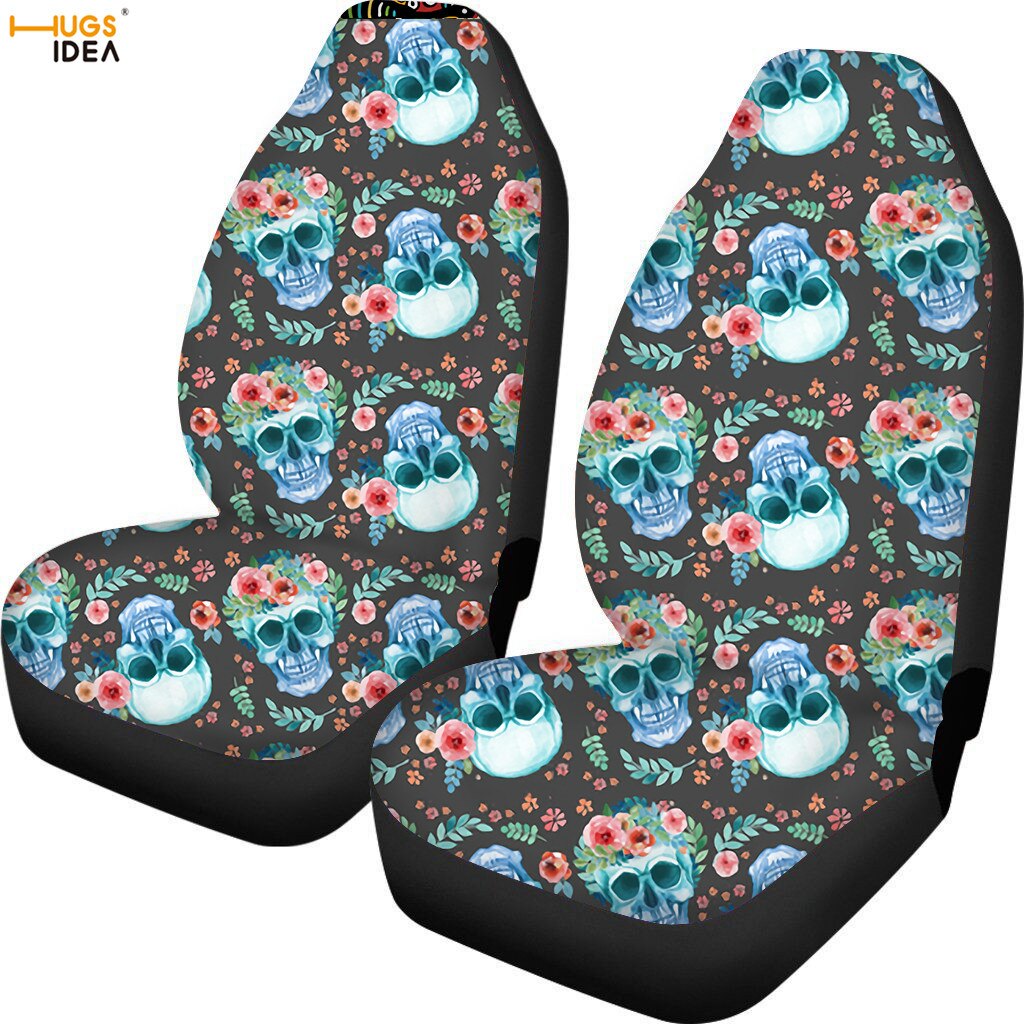 2Pcs Sugar Skull Car Seat Cover SUV Interior Decoration Sheet Cushion Protector Anti Dirty