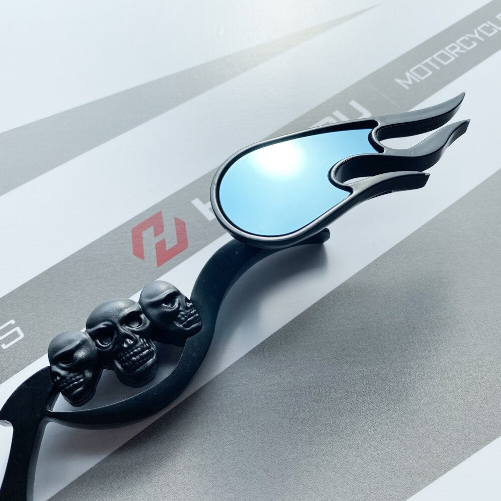 CHROME SKULL FLAME REARVIEW MIRRORS FOR HARLEY DYNA SOFTAIL SPORTSTER ROAD KING