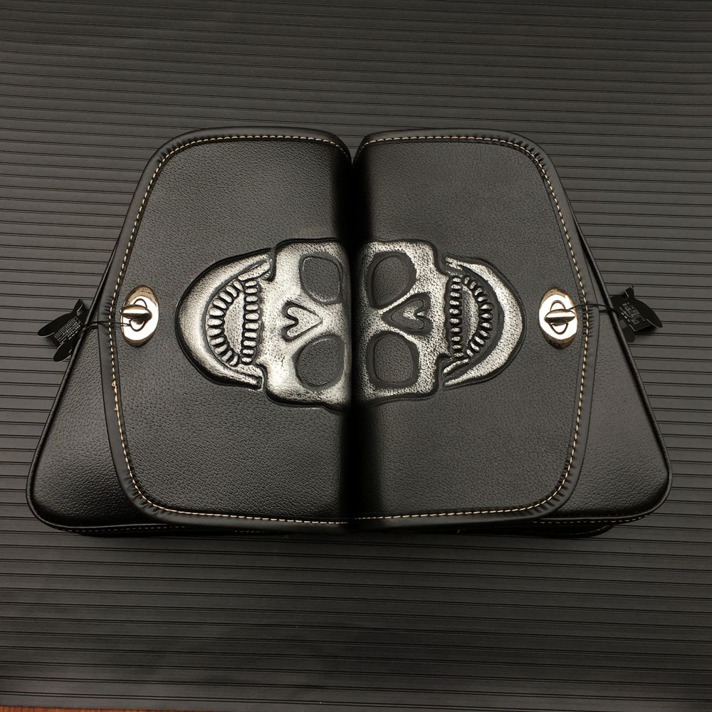 Motorcycle Tool Skull Logo Black PU Leather Saddle Bags