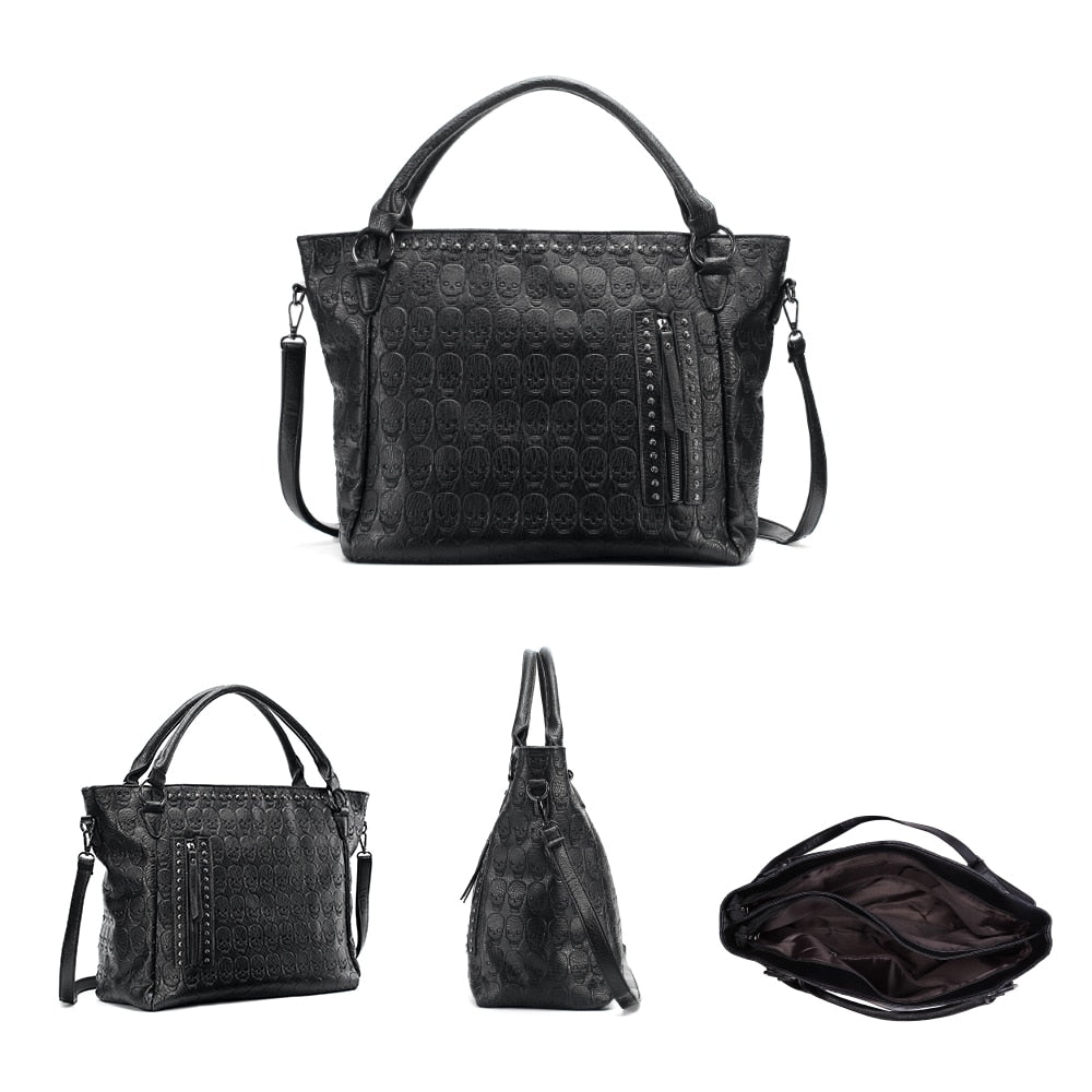 Gothic skeelton skull Brand Women Large Capacity Bags Pu Leather Black Handbag Punk Skull Tote Bag Dress Tote Bag New Crossbody Bags
