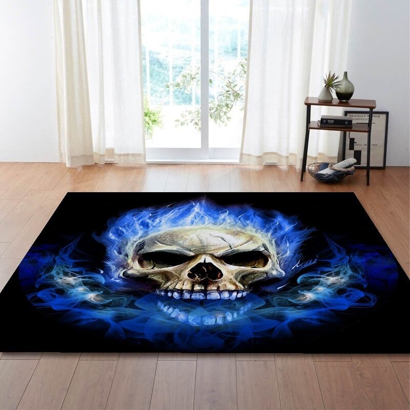 Flame Skull Gothic Rectangular Carpets blue flame Anti slip Decorative Floor Mat