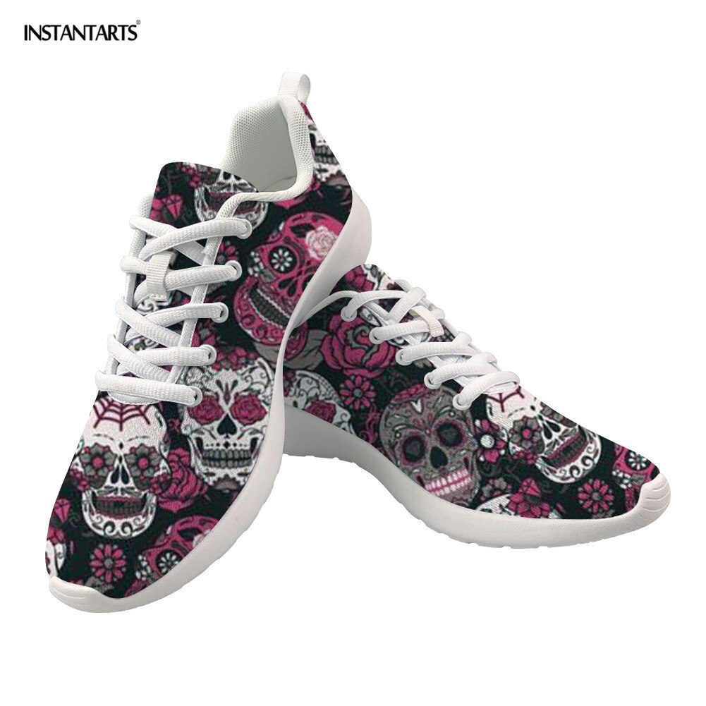 Classic Sugar Skulls Printed Flat Sneakers Gothic Casual Mesh Lace Sprot Women Shoes