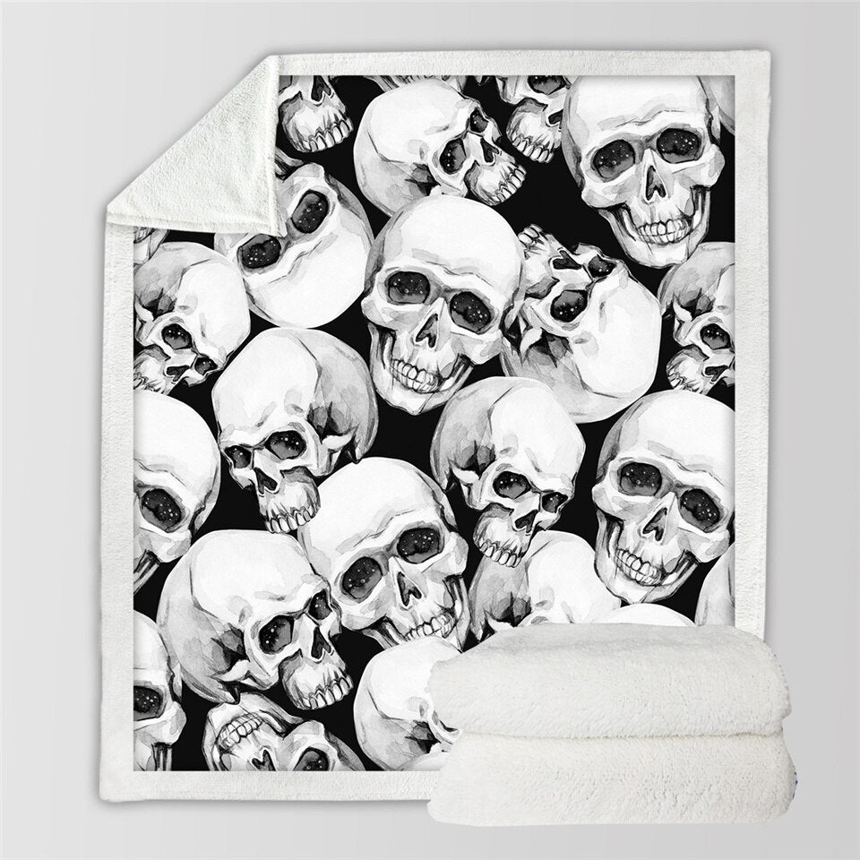 Skull Plush Blanket Watercolor Sherpa Blanket Gothic Bedding Black White