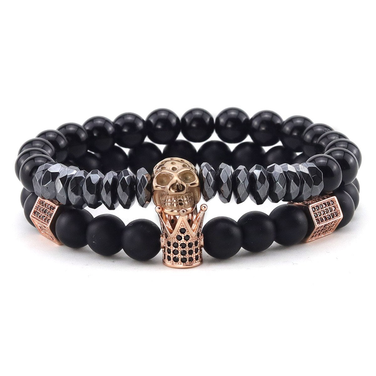 2pcs/Set Natural stone beads Bracelet Luxury CZ Crown Stainless Steel