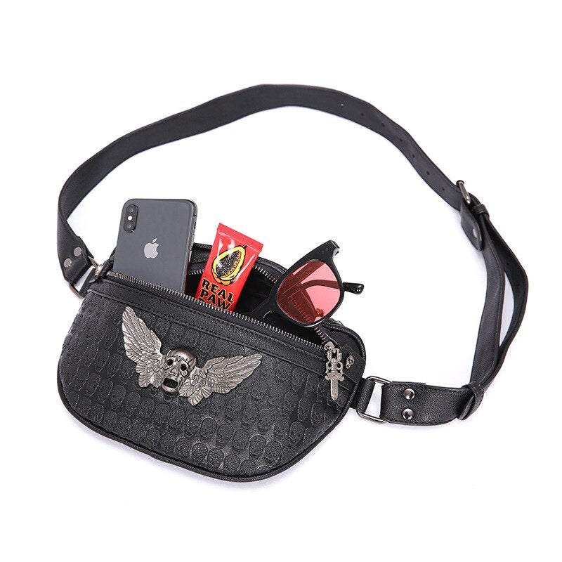 Men's Fashion Rivet Waist Bag Black PU Leather Belt bag