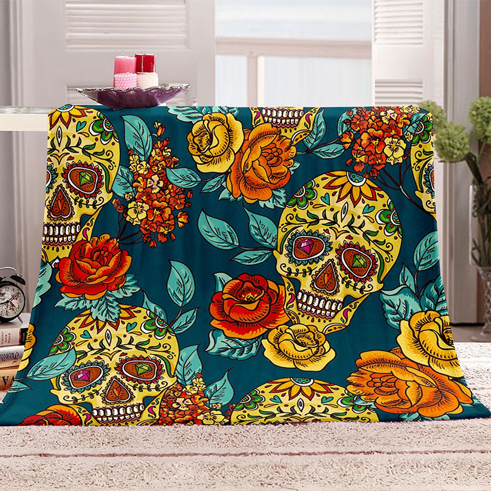 Floral Skull Flannel Blanket Super Soft Plush Sofa Couch Bed Office Travel