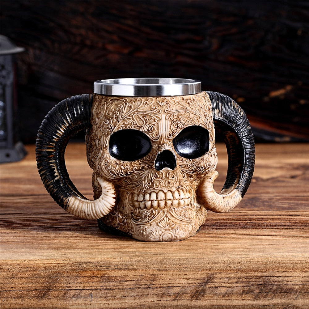 Double Stainless Steel Skull Beer Mug Vikings Pirate Tankard Water Cup