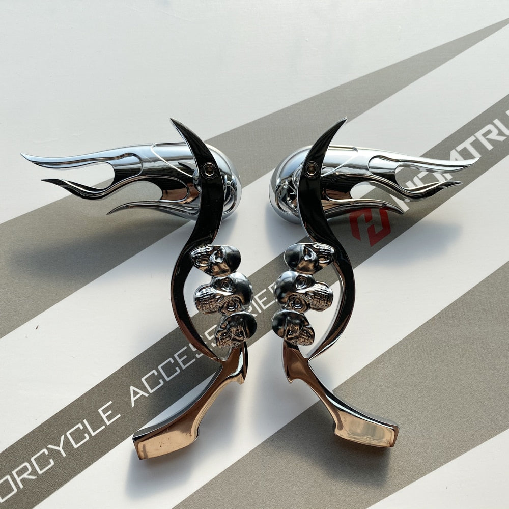 CHROME SKULL FLAME REARVIEW MIRRORS FOR HARLEY DYNA SOFTAIL SPORTSTER ROAD KING