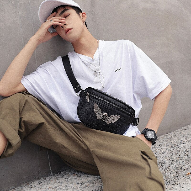 Men's Fashion Rivet Waist Bag Black PU Leather Belt bag