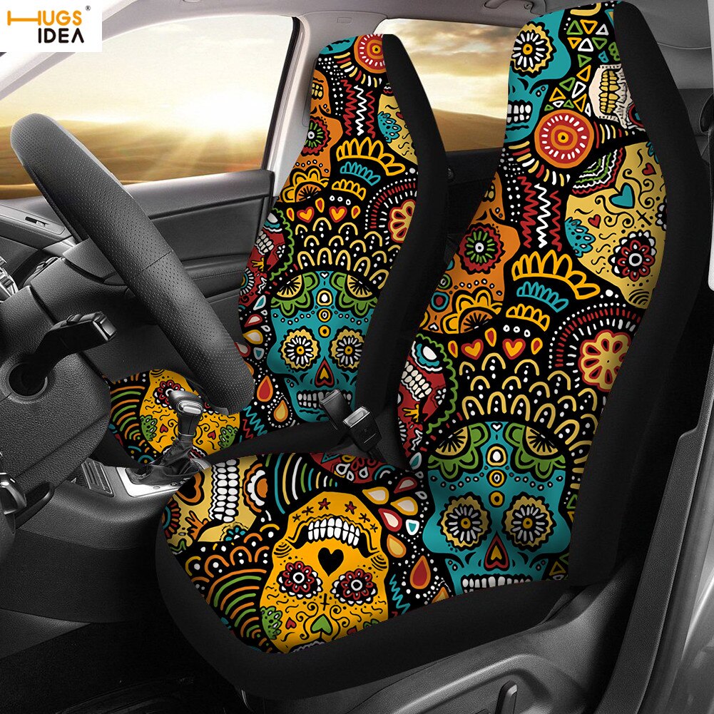 2Pcs Sugar Skull Car Seat Cover SUV Interior Decoration Sheet Cushion Protector Anti Dirty