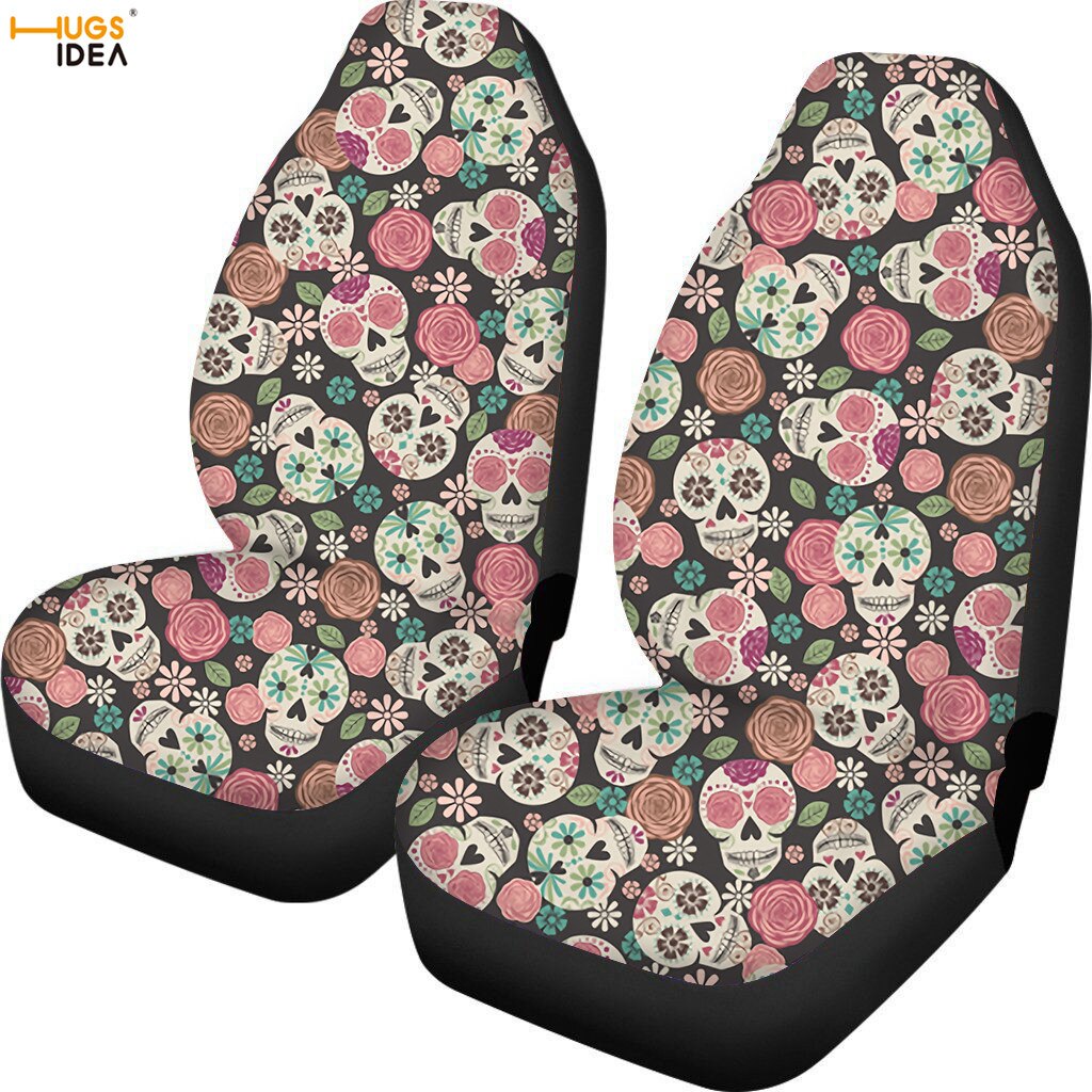 2Pcs Sugar Skull Car Seat Cover SUV Interior Decoration Sheet Cushion Protector Anti Dirty