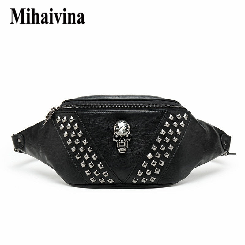 Skeleton gothic skull Punk Rivet Skull Men Waist Bag Women Black Fanny Pack Leather Chest Bags Female Shoulder Messenger Bag Bum Bags