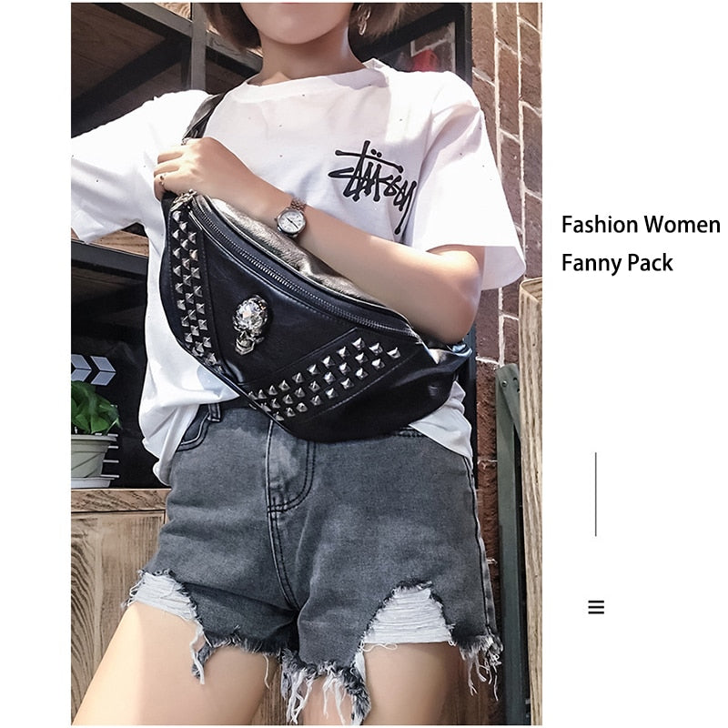 Skeleton gothic skull Punk Rivet Skull Men Waist Bag Women Black Fanny Pack Leather Chest Bags Female Shoulder Messenger Bag Bum Bags