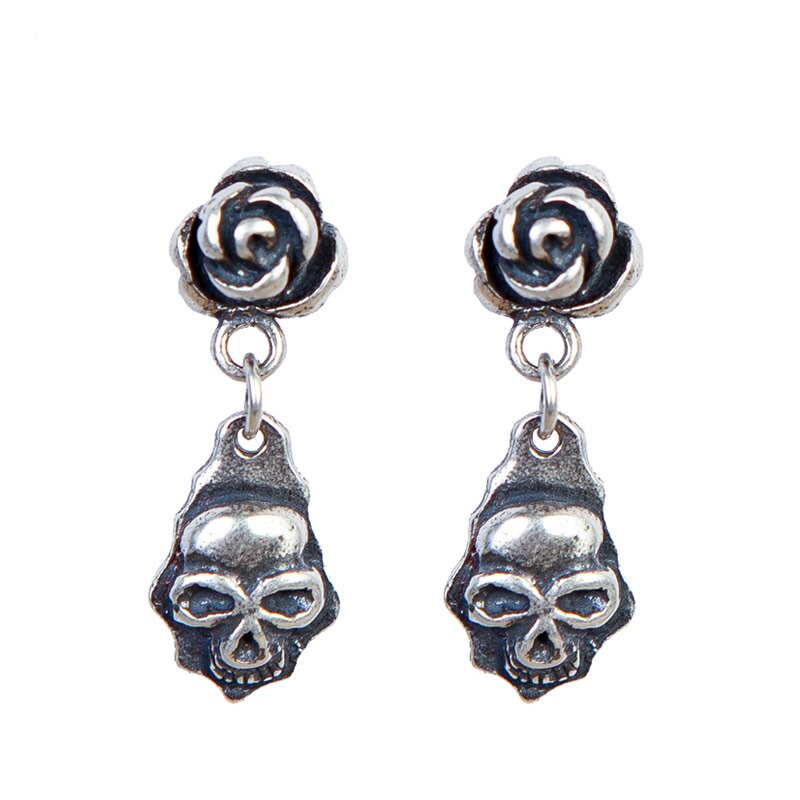 1573 925 Sterling Silver Rose Death Skull Drop Earrings Skeleton Jewelry