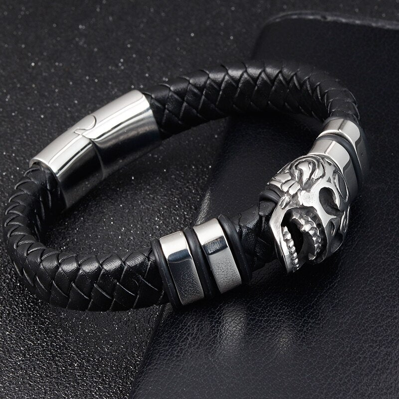 Gothic Smile Skull Leather Bracelet Men Vintage Bangles Stainless Steel
