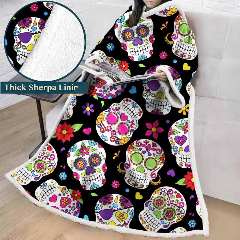 3D Printed Black And White Sugar Skull Throw Blanket Winter Thick