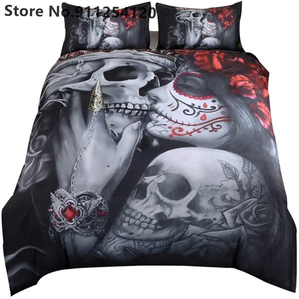 3D Dead Sugar Skull Duvet Cover Sets Girl Kissing Skull Bed Cover