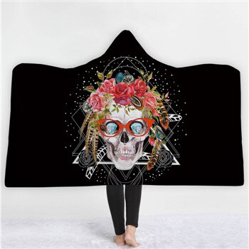 Fashion Sugar Skull Flower Hooded Blanket for Adults Floral Gothic
