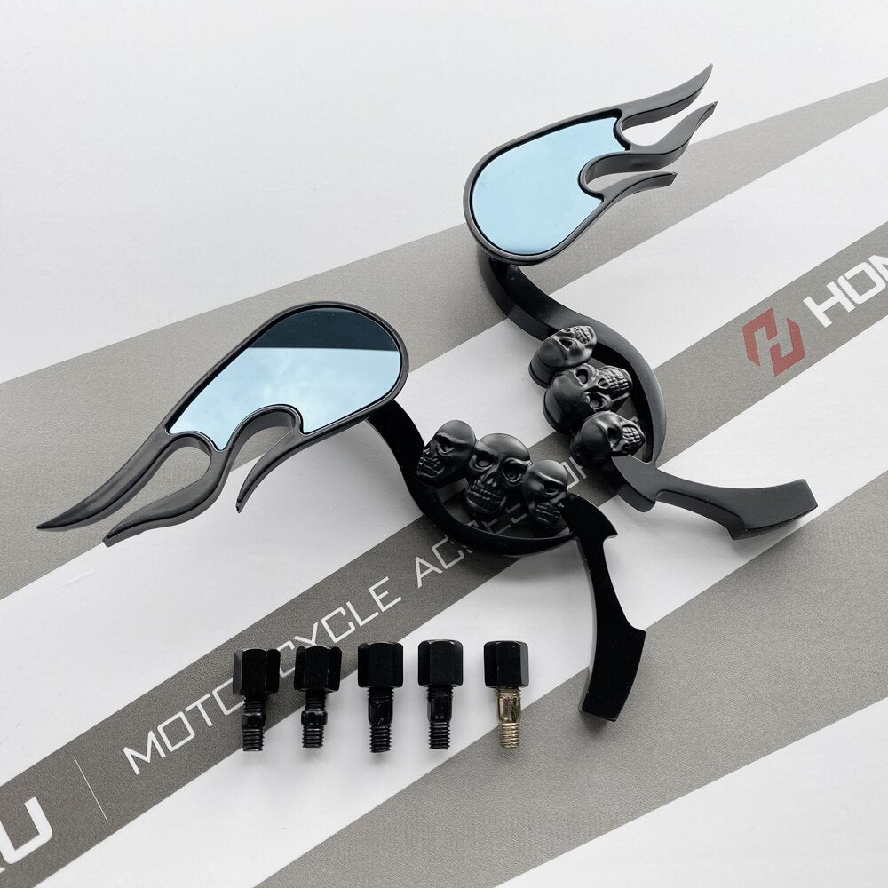 CHROME SKULL FLAME REARVIEW MIRRORS FOR HARLEY DYNA SOFTAIL SPORTSTER ROAD KING