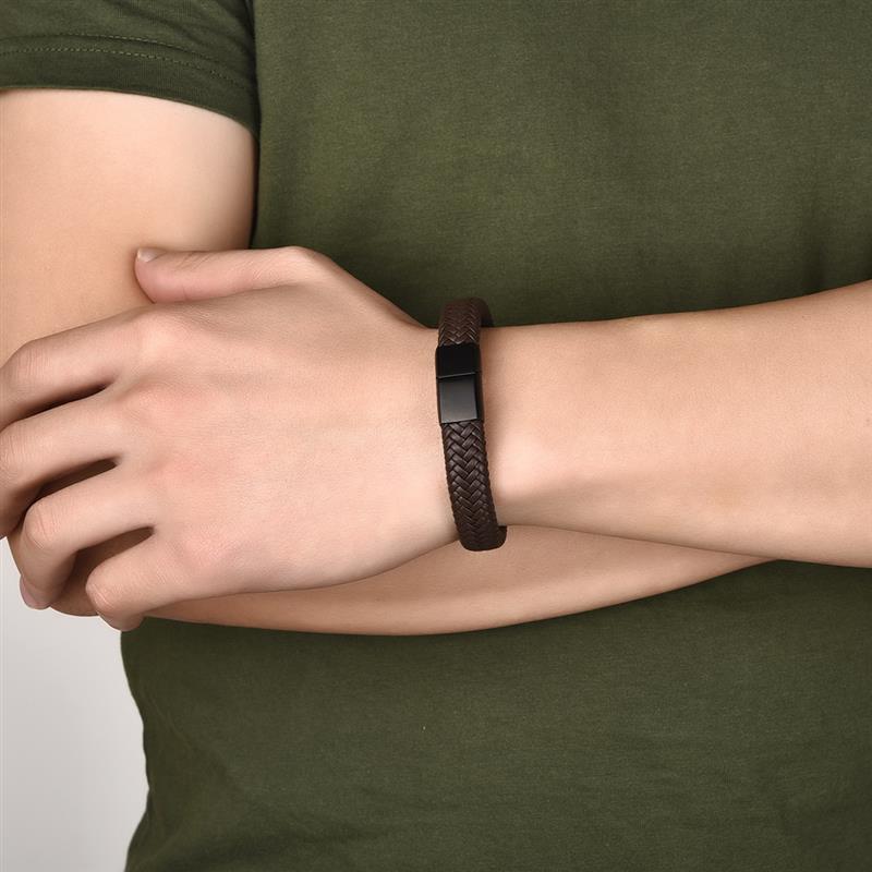 2pcs/set Black Leather Bracelets Men Natural Stone Beaded Stainless Steel